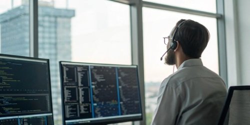 A support engineer with a headset on, looking at multiple screens with code and diagrams