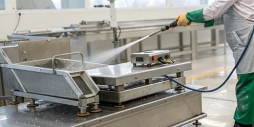 A rugged, stainless steel label printing scale being cleaned with a water hose in a food processing plant.