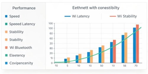 A graph comparing the performance metrics (speed, latency, stability) of Ethernet, Wi-Fi, and Bluetooth.