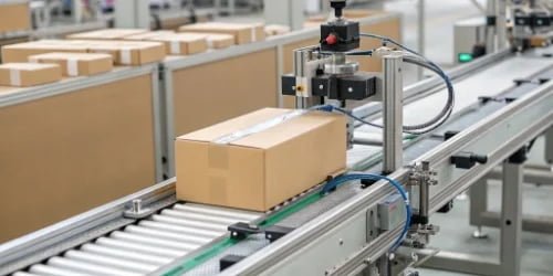 High-Volume Automated Labeling An automated industrial production line with a label being applied to a package by a machine connected to a scale.