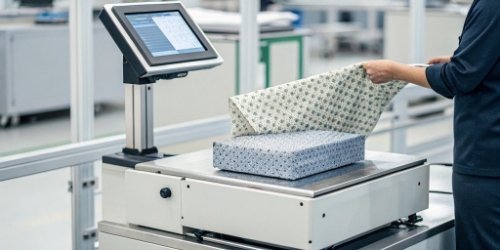 An image showing a complete workflow: an item on a scale, data appearing on the screen, and a label being printed