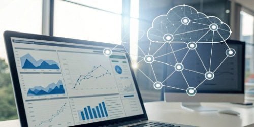 IoT and Cloud-Connected Scales A conceptual graphic showing a global network of scales connected to a central cloud dashboard on a computer screen.