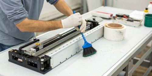 Label Printing Scale Maintenance A technician cleaning the printhead of a label printing scale
