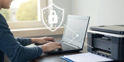 A simplified graphic showing data being encrypted on a computer and decrypted at a printer, with a shield icon in between.