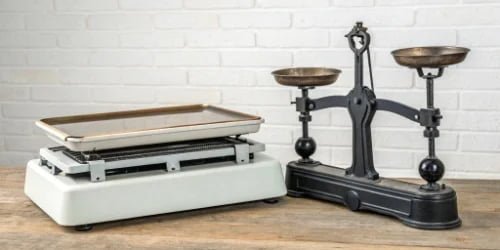 Traditional Scale vs. Label Printing Scale Side-by-side comparison of an old scale and a modern label printing scale