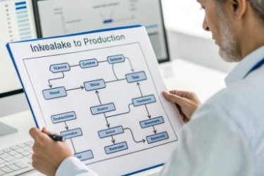 A flowchart showing the streamlined workflow from intake to production with a label scale