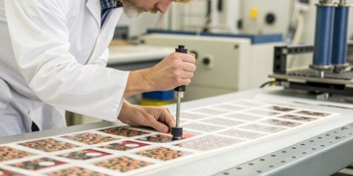 A lab technician performing an abrasion test on a printed label