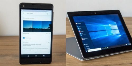 A split-screen view showing a scale booting up on Android on one side and Windows on the other