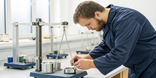 A technician placing certified calibration weights on an industrial scale.