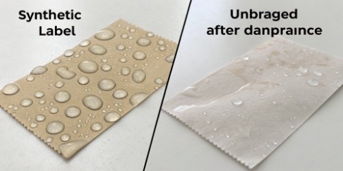 Durable Synthetic Label Materials A synthetic label being exposed to water without smudging, next to a smudged paper label