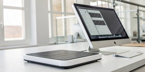 A Weigherps smart scale connected to a computer showing label design software