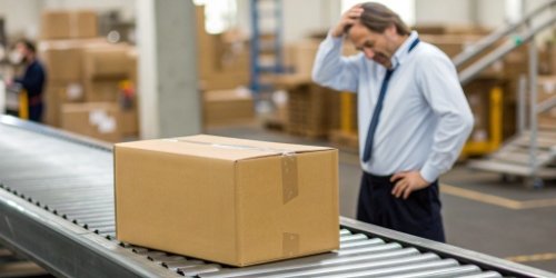 An image of a returned package with an incorrect shipping label next to a frustrated warehouse manager.