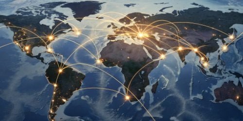 Global Smart Weighing Market A world map with glowing connection lines between major industrial hubs in Europe, North America, and Asia.