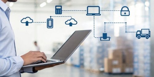 ERP and WMS Integration A graphic showing data flowing seamlessly from a PC scale to ERP and WMS system icons