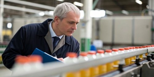 An image of a government regulator or auditor looking seriously at a product label on a production line