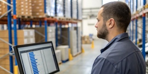 A warehouse manager looking at a dashboard with real-time inventory levels updating automatically