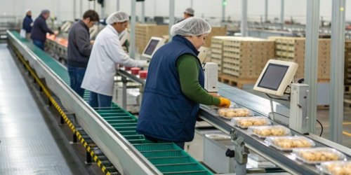 Manufacturing Quality Control with Scales A manufacturing line with a label printing scale at a quality control checkpoint