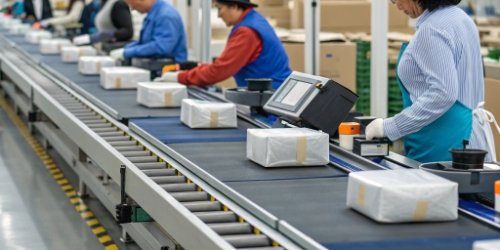 Efficient Production Line A fast-paced production line with integrated scanning and weighing