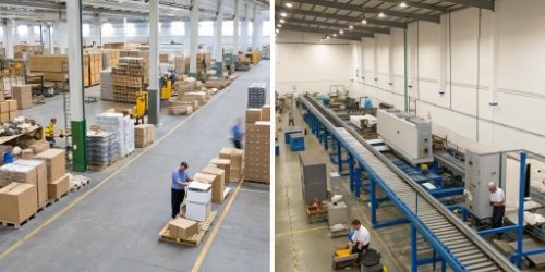 Streamlining Warehouse Workflow A side-by-side comparison image: one side showing a cluttered, multi-step manual process, the other a clean, single-station automated process.
