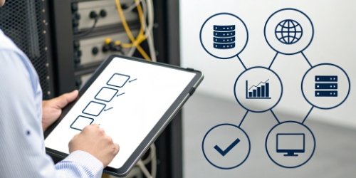 Technical Requirements for Connectivity A checklist graphic showing icons for a network, a smart scale, and a database server.