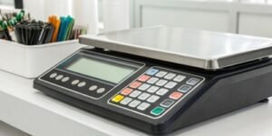 How does a touch screen on a label printing scale simplify operator tasks?
