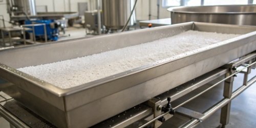A close-up of a gleaming, sanitary full stainless steel industrial scale in a food production environment