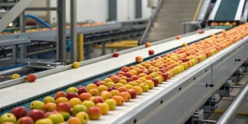 High-Speed Fruit Sorting A high-speed conveyor belt with fruit being sorted by weight