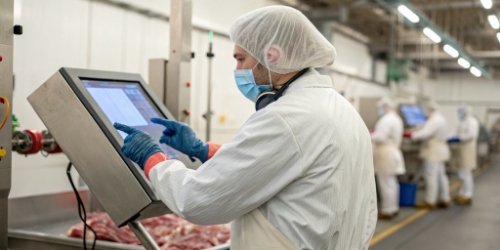 A worker in a slaughterhouse using a large, glove-friendly touchscreen on an industrial scale.