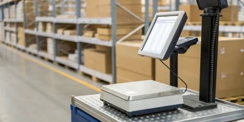A smart weighing scale with a barcode scanner connected to a computer showing inventory data