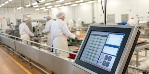 A smart weighing system interface showing traceability data on a screen in a food production facility
