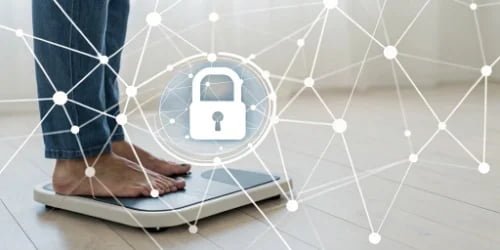 A digital lock icon layered over a network graph connected to a floor scale