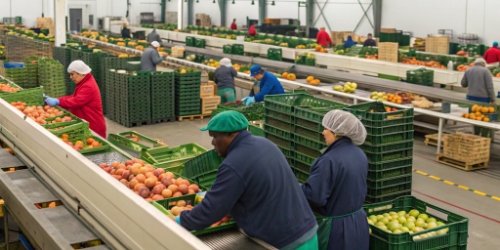 A busy fruit and vegetable packing house with workers sorting produce.