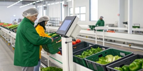 An Android-powered industrial scale in a modern vegetable sorting facility.