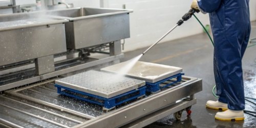 An industrial waterproof scale being cleaned with a high-pressure water jet in a food processing facility