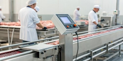 A modern industrial weighing scale with a digital display and integrated printer in a meat processing facility.