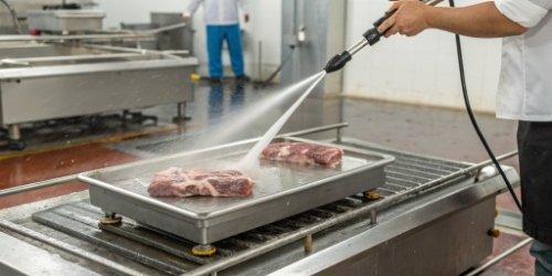 A stainless steel waterproof scale being cleaned with a high-pressure water jet in a meat processing plant.
