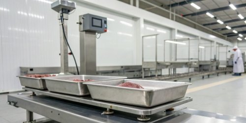 A clean, stainless steel butchery scale in a meat processing facility