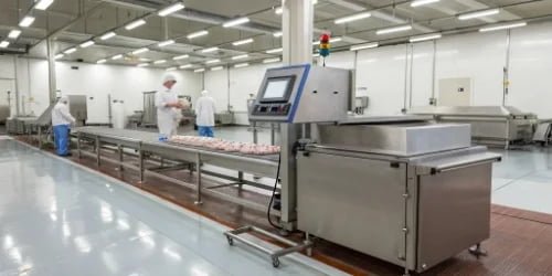 Weigherps IP6X-rated PC Scale for Meat Processing An IP6X-rated PC scale in a clean but industrial meat processing facility