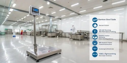 A stainless steel waterproof scale in a modern meat processing facility