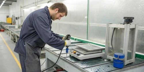 Smart PC Scale Maintenance Routine A technician maintaining a smart PC scale in a clean industrial setting