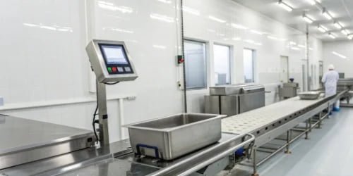 A smart PC scale displaying weight and batch information in a clean food processing facility.