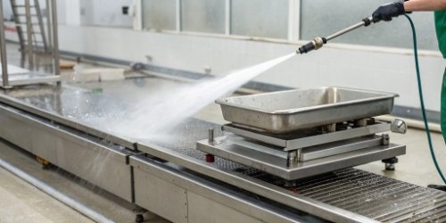 A stainless steel washdown scale being cleaned with a high-pressure water jet in a food processing facility.