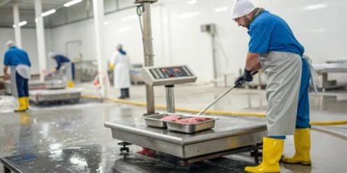 A stainless steel waterproof scale being washed down in a meat processing facility.