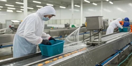A stainless steel washdown scale being cleaned in a food processing facility.