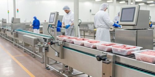An integrated weigh-labeling machine in a clean meat processing facility