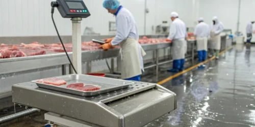 Waterproof Weighing Scale in Meat Cutting A waterproof industrial scale being used in a meat processing facility.