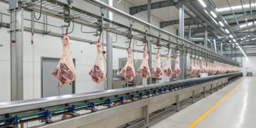 A modern, automated carcass weighing line with overhead rail scales in a meat processing plant.