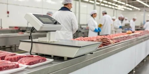 An integrated weigh-price-label scale in a meat processing facility