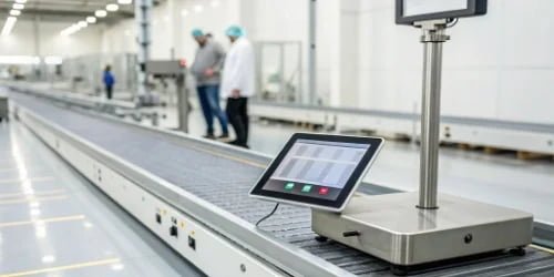 Food Traceability Hardware A modern IoT industrial scale connected to a software interface on a tablet