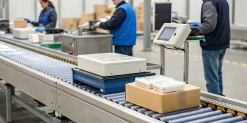 An integrated weighing and labeling station automating the process on a conveyor belt.